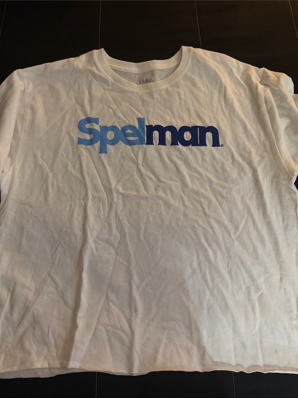League White Tee with Two-Tone Blue "Spelman" Logo
